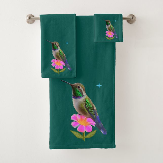Colibri moderne et fleur sur fond bleu-vert (En situation)