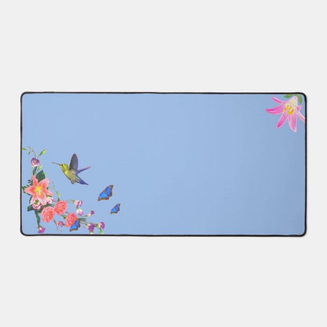 Colibri, papillons et fleurs sur fond bleu clair (Recto)
