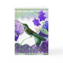 Colibri vert avec fleurs, dentelle, carte perles