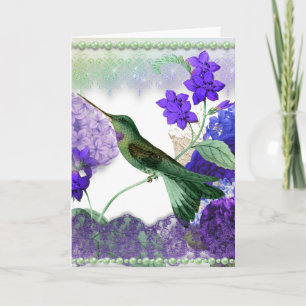 Colibri vert avec fleurs, dentelle, carte perles