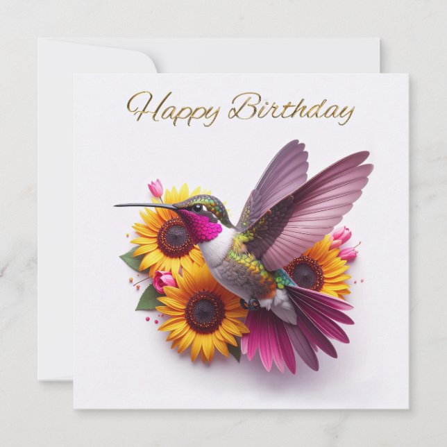 Colibri volant avec des fleurs Joyeux Anniversaire (Devant)