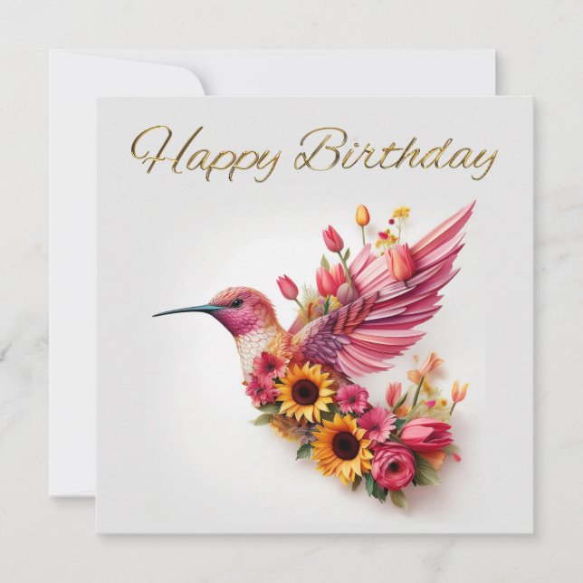 Colibri volant avec des fleurs Joyeux Anniversaire (Devant)