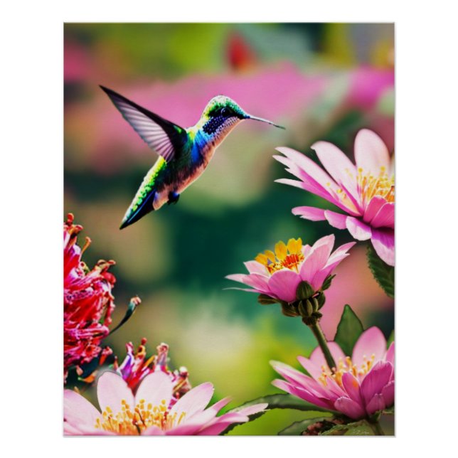 Colibri volant vers des fleurs Poster brillant (Devant)