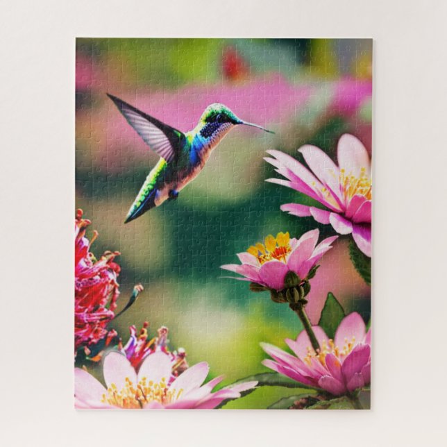 Colibri volant vers le Puzzle des fleurs (Vertical)