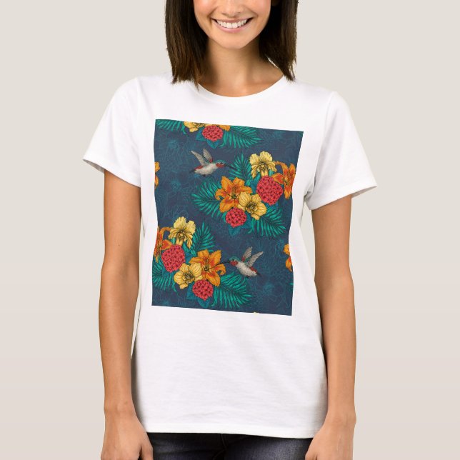 Colibris et bouquet tropical sur T-shirt vert (Devant)