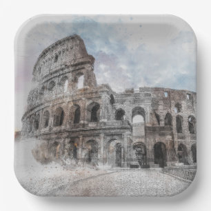 Colisée aquarelle Rome Italie assiettes en papier