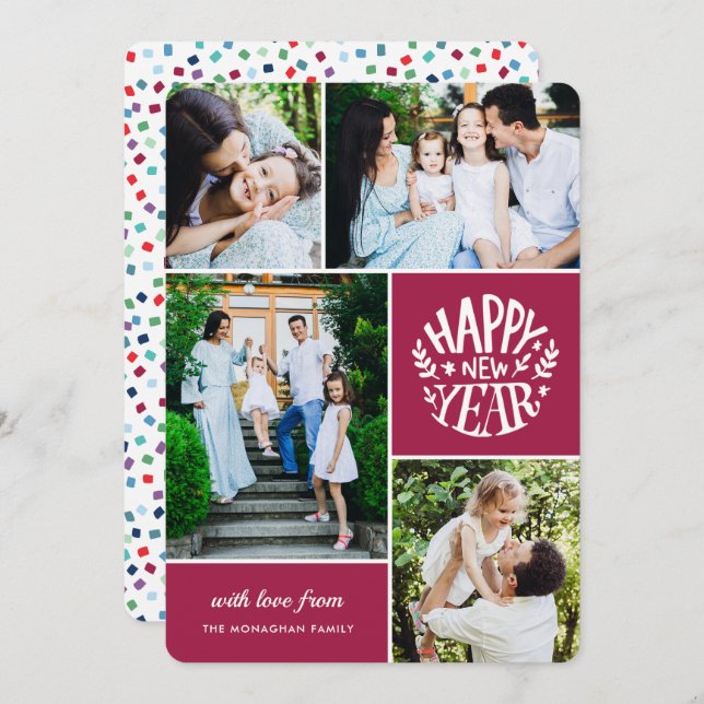 Collage 4 Photo Carte Nouvel An | Magenta (Devant / Derrière)