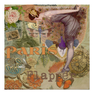 Collage Art Déco Paon Flapper Paris Vintage
