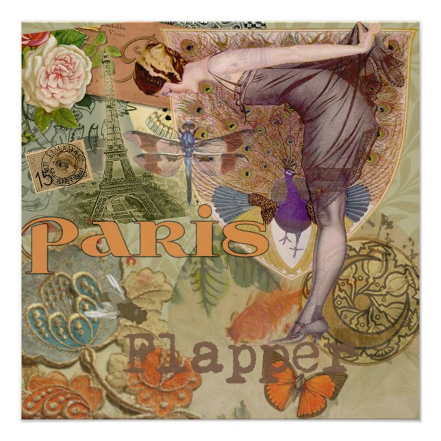 Collage Art Déco Paon Flapper Paris Vintage (Devant)