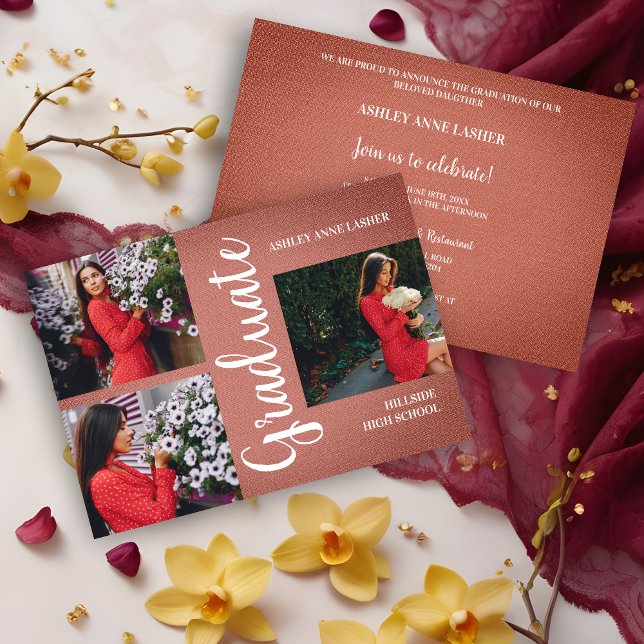 Collage Brown Trois photos Textes de graduation (Reddish-Brown Natural Fabric Collage 3 Multi Photos Grad Graduation Invitation. )