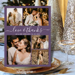 Collage budgétaire Carte de remerciements Mariage<br><div class="desc">Budget Elegant Script 5 Photo Collage Mauve Purple Merci Mariage personnalisé abordable carte mince à petit budget. Mariage moderne merci modèle avec cinq (5) photos sur le devant et une (1) photo sur le dos. Sur l'avant du papier "Love and Merci" script de typographie dans une tourbillonnant main lettré type...</div>