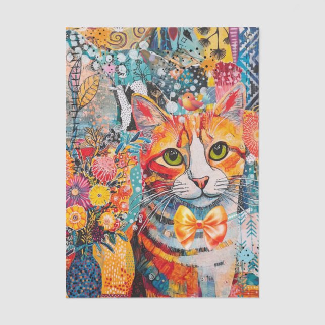 Collage de papier de soie chat mélange mixte (Recto)