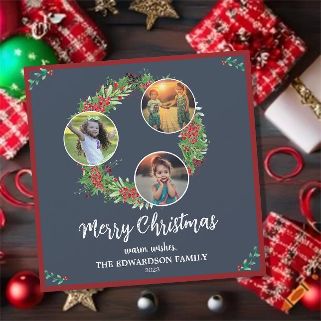 Collage de photos de famille rustique carte de vac (Create your own family photo collage Merry Holiday card.
You can add your own photos, name and text.)