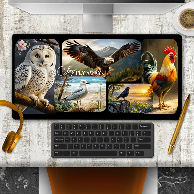 Collage de photos d'oiseaux mignons Faune  (Desk mat featuring a variety of different paintings of birds)