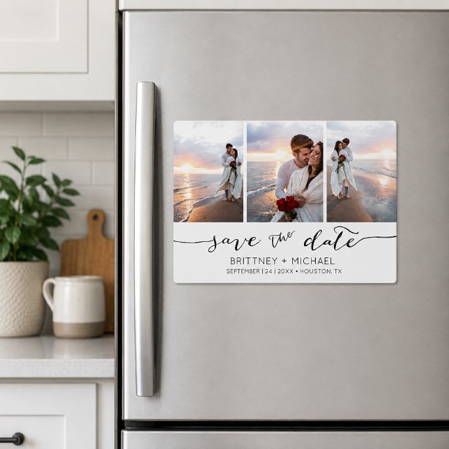 Collage de photos lettrage à la main Enregistrez l (Modern three photo collage save the date magnet featuring elegant handwritten script typography)