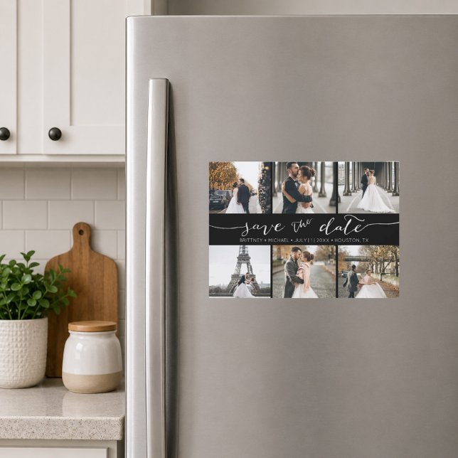 Collage de photos manuscrit Enregistrer la date No (Chic black six photo save the date magnet featuring elegant handwritten script typography )