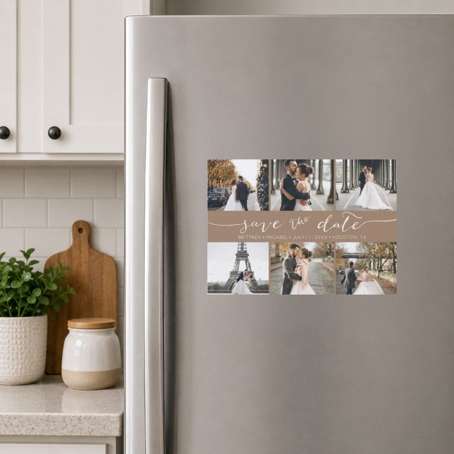 Collage de photos moderne pour carte de faire-part (Elegant taupe six photo save the date magnet featuring modern handwritten script typography )