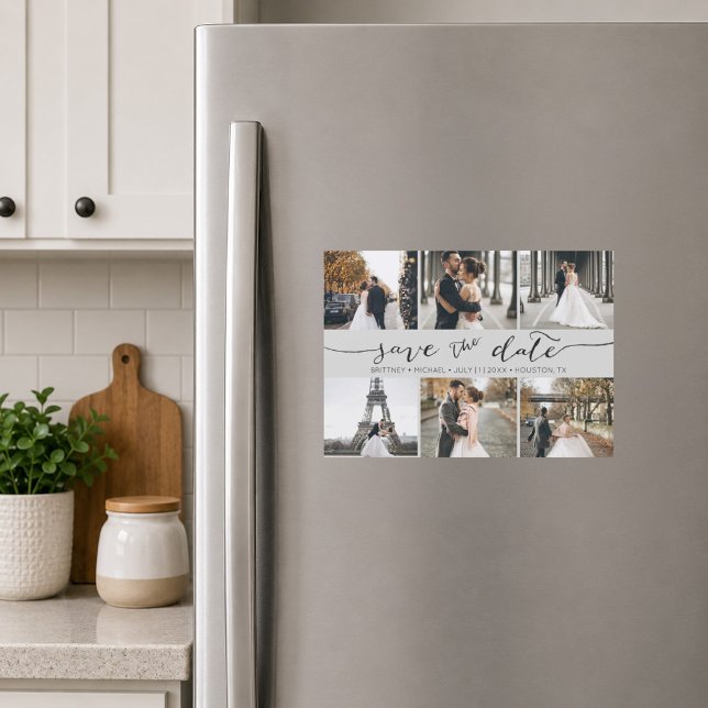Collage de photos modernes gris Save the Date (Elegant grey six photo save the date magnet featuring romantic handwritten script typography
)