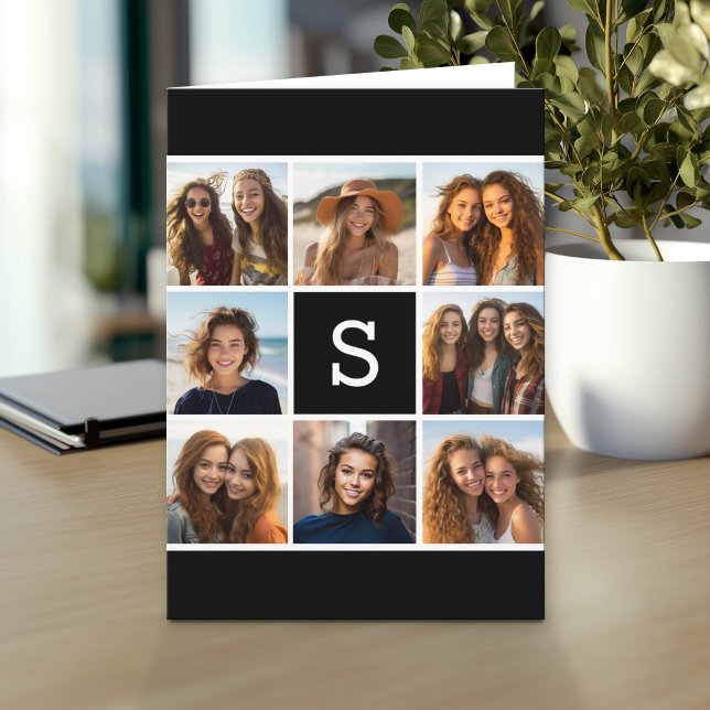 Collage de photos noir et blanc Monogramme personn (Photo Greeting Card)