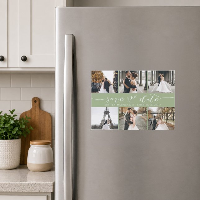 Collage de photos pour la date de sauvegarde Vert  (Soft sage green six photo save the date magnet featuring elegant handwritten script typography)