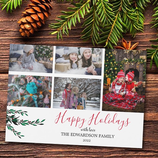 Collage familial rustique Happy vacances carte mag (Happy holidays, personalized family photo collage magnetic Christmas card.)