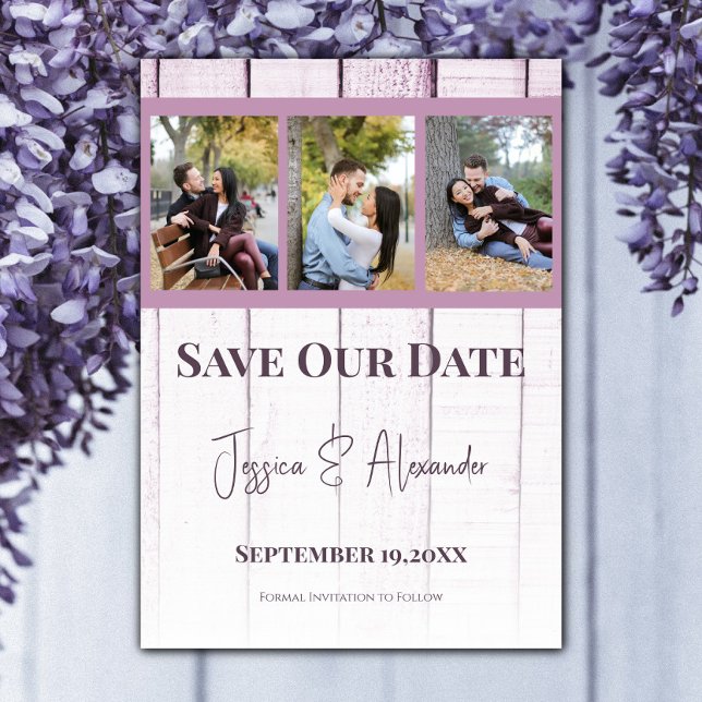 Collage photo en bois magenta Save The Date (Magenta Wooden Photo Collage Save the Date)
