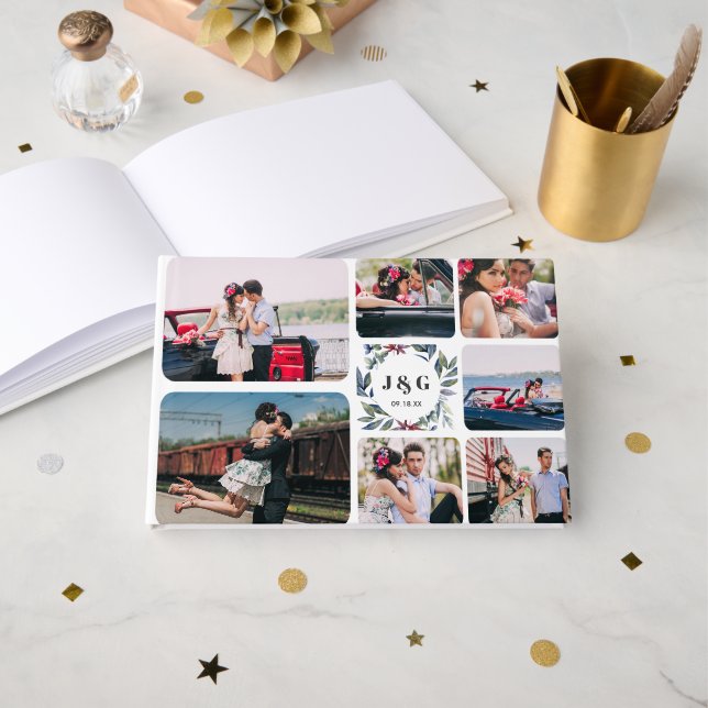 Collage photo et monogramme | Livre d'or mariage (Recto ouvert)