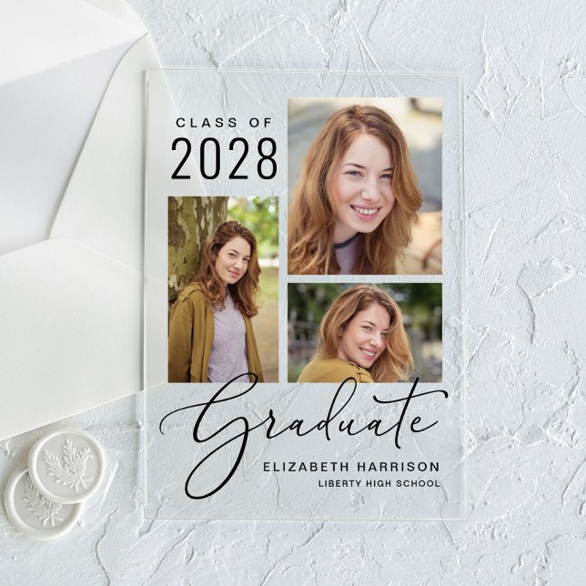 Collage photo Faire-part acrylique (An elegant photo collage acrylic graduation announcement to celebrate the graduate's achievements)