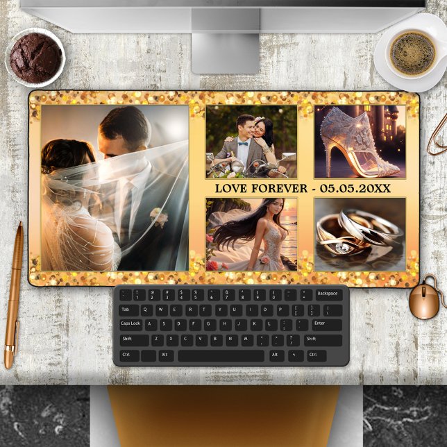 Collage photo Mariage Parties scintillant or (Wedding desk mat featuring a template for 5 of your own photos framed by a gold glitter design)