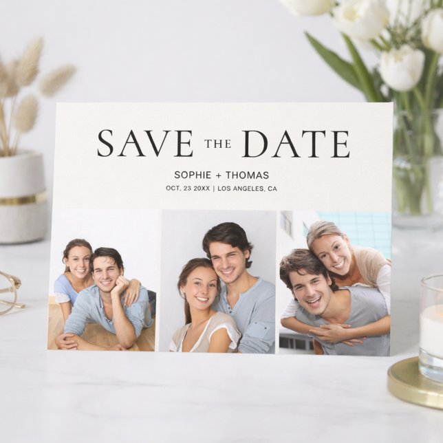 Collage Photo Moderne Neutre Beige Faire-Part de D (Modern Photo Collage Neutral Beige Save the Date)