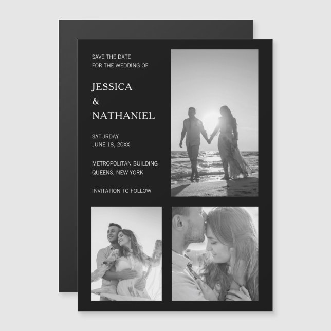Collage photo noir moderne pour mariage, carte de  (Devant / Derrière)