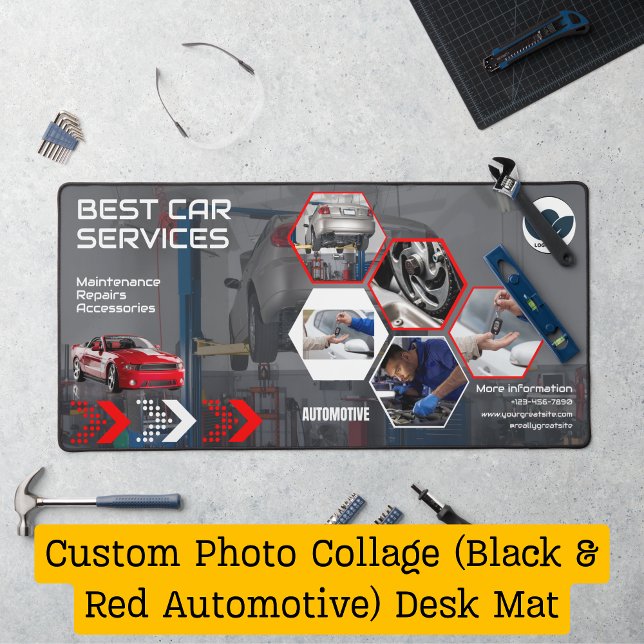 Collage photo personnalisé (automobile noire et ro (Custom Photo Collage (Black & Red Automotive) Desk Mat)