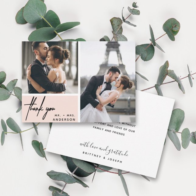Collage photo rose vif moderne Merci Mariage (Two photo hand lettered thank you wedding card with a minimalistic design perfect for any couple.)