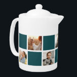 Collage photo Turquoise moderne personnalisé<br><div class="desc">Teapot photo turquoise foncé personnalisé à damiers. Un cadeau parfait pour votre famille, vos grands-parents ou vos jeunes mariés. Autres options de couleurs disponibles. Personnalisez facilement notre théière à damiers turquoise avec vos photos. INFO : Les images de portrait et de paysage fonctionneront dans la mesure où le point focal...</div>