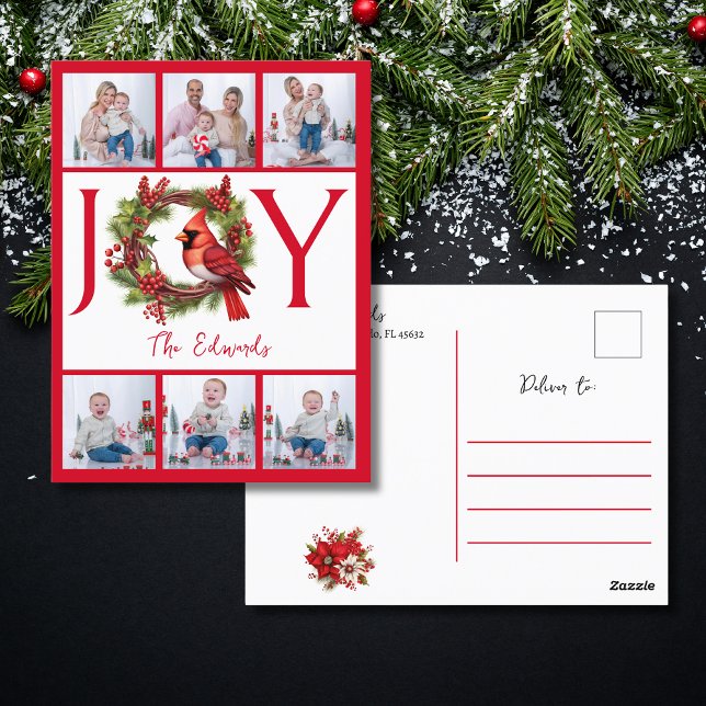 Collage Six Photos | Carte postale Joy Red Christm (Spread joy this holiday season with a stylish postcard! Personalize and order yours today!)