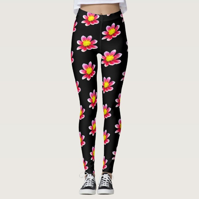 Collant noir imprimé floral Dahlia rose (Devant)