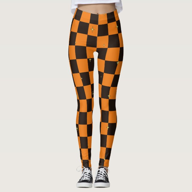 Collants à carreaux orange et noir avec étoiles (Devant)
