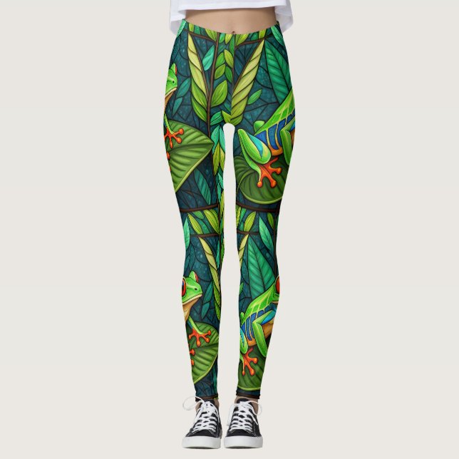 Collants avec des feuilles vertes vibrantes et col (Devant)