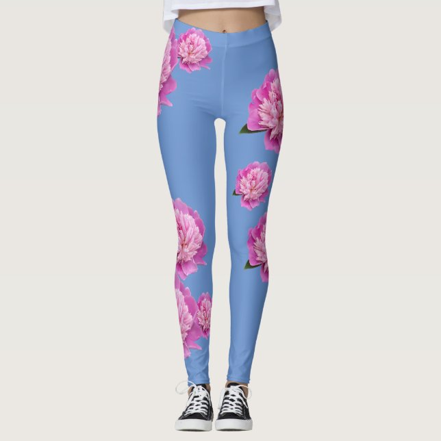 Collants bleu pervenche avec motif de fleurs roses (Devant)
