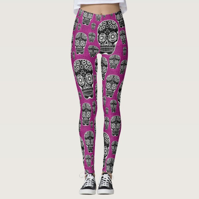 Collants Crâne en Sucre Rose Effet Paillettes (Devant)