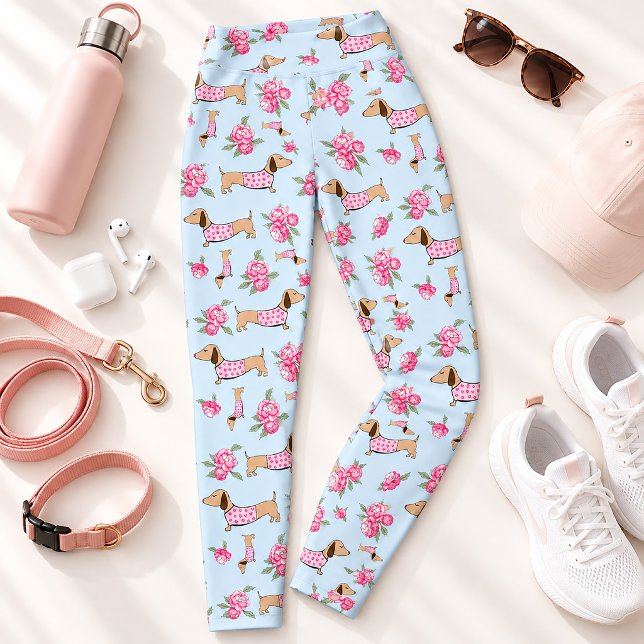 Collants floraux pour teckel rose et bleu (Dachshund Floral Leggings Pink and Blue Pants)