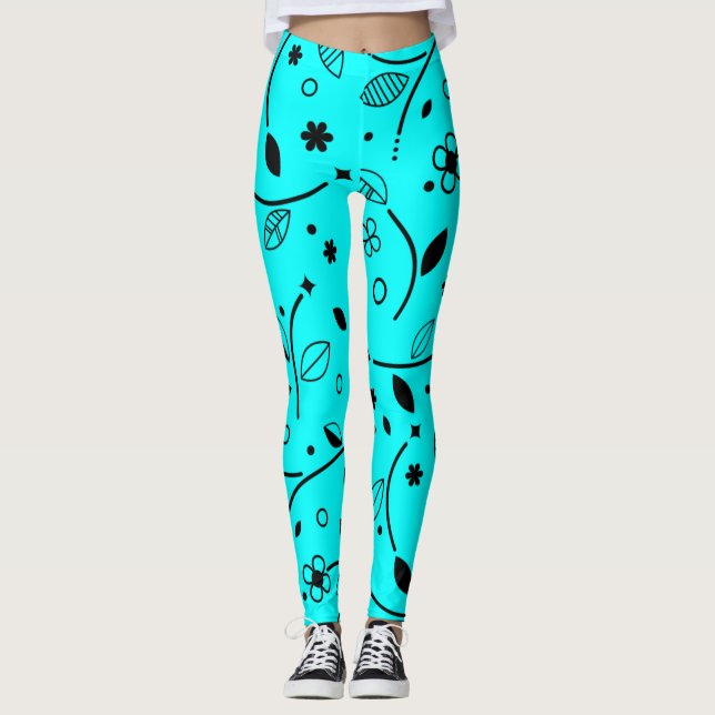 Collants floraux rétro turquoise et noir à motifs  (Devant)