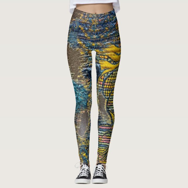 Collants floraux texturés bleu et or bohèmes (Devant)