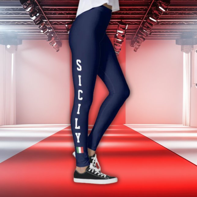 Collants Navy avec Sicile Verticale et Drapeau Ita (Navy Leggings with white athletic SICILY and Italian Flag icon)