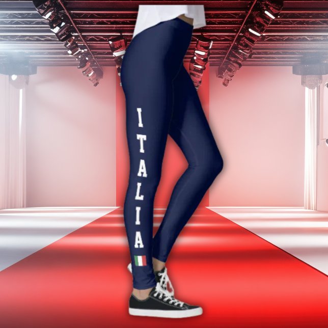 Collants Navy avec texte Italia vertical et drapea (Navy Leggings with white vertical athletic ITALIA and Italian flag icon on both legs)
