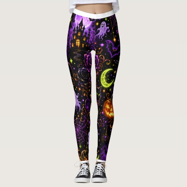 Collants Neon Halloween Chat Noir et Fantôme (Devant)
