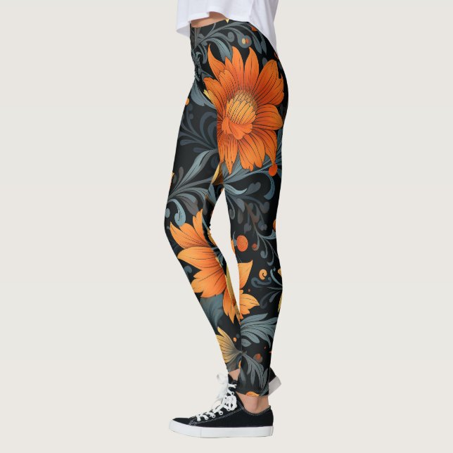 Collants noirs avec des fleurs orange vibrantes  (Gauche)