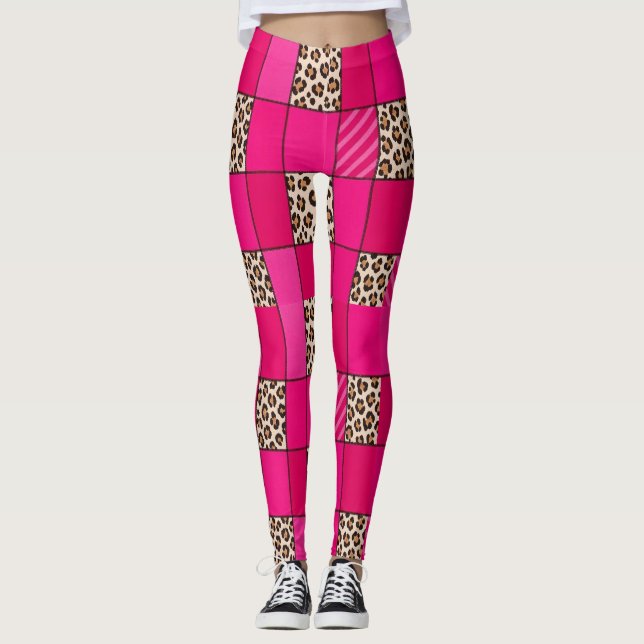 Collants patchwork imprimé léopard rose vif (Devant)