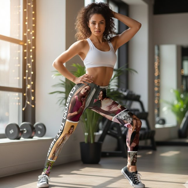 Collants personnalisés noirs avec texte et collage (Custom Black Photo Collage Leggings with Personalized Text for Unique Workout Style)