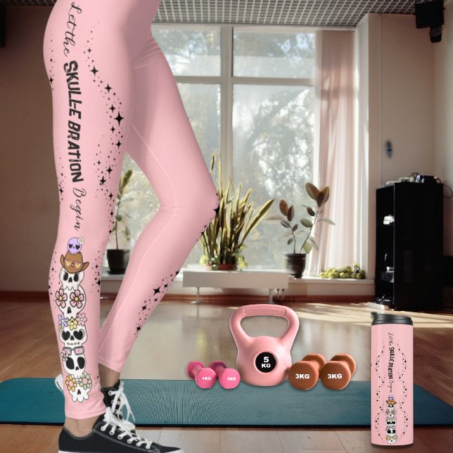 Collants roses Halloween Mignons Crânes Gothiques (This listing is for the Pink leggings see separate listing same collection for Pink Thermal Tumbler)
